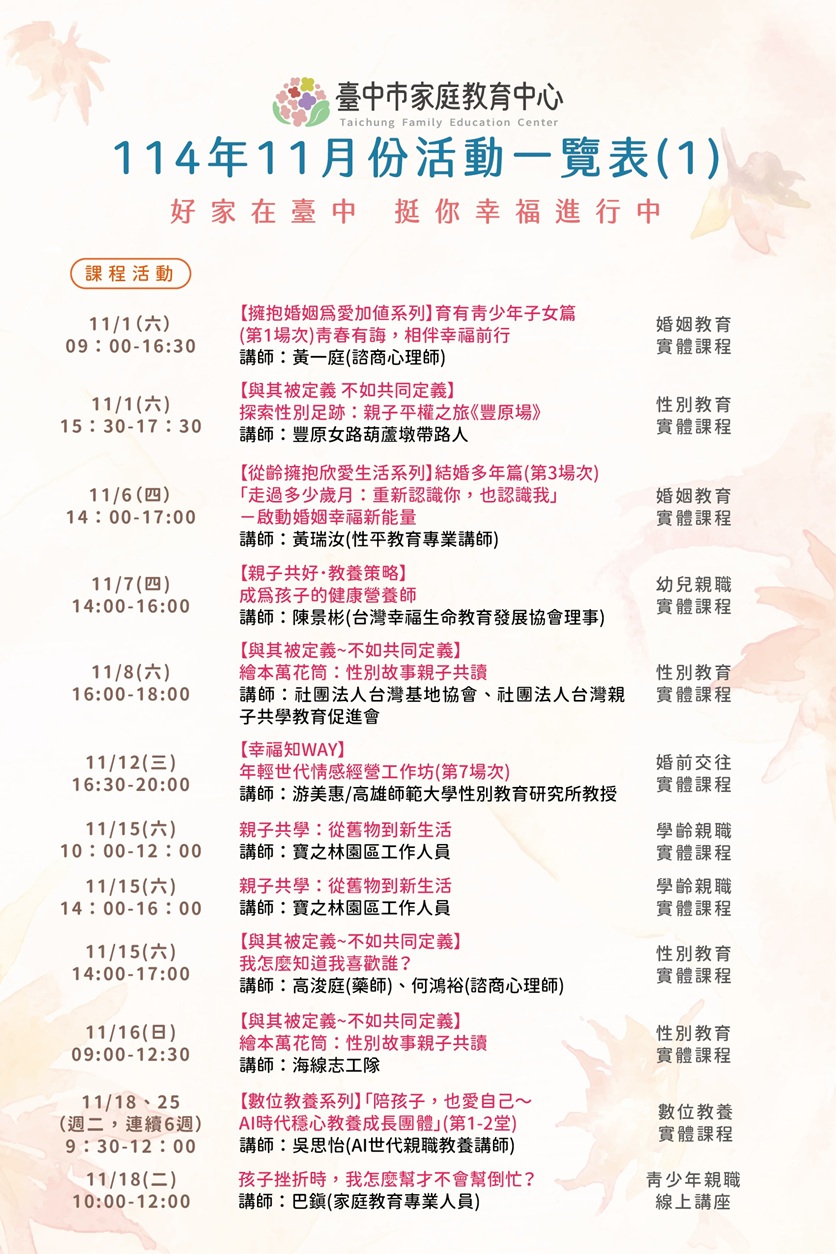 臺中市家庭教育中心114年11月份活動一覽表1