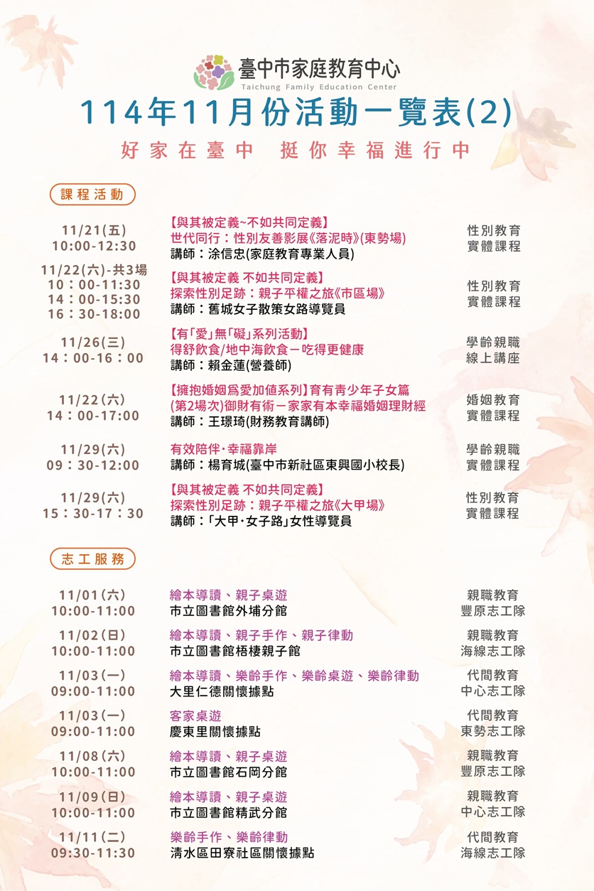 臺中市家庭教育中心114年11月份活動一覽表2