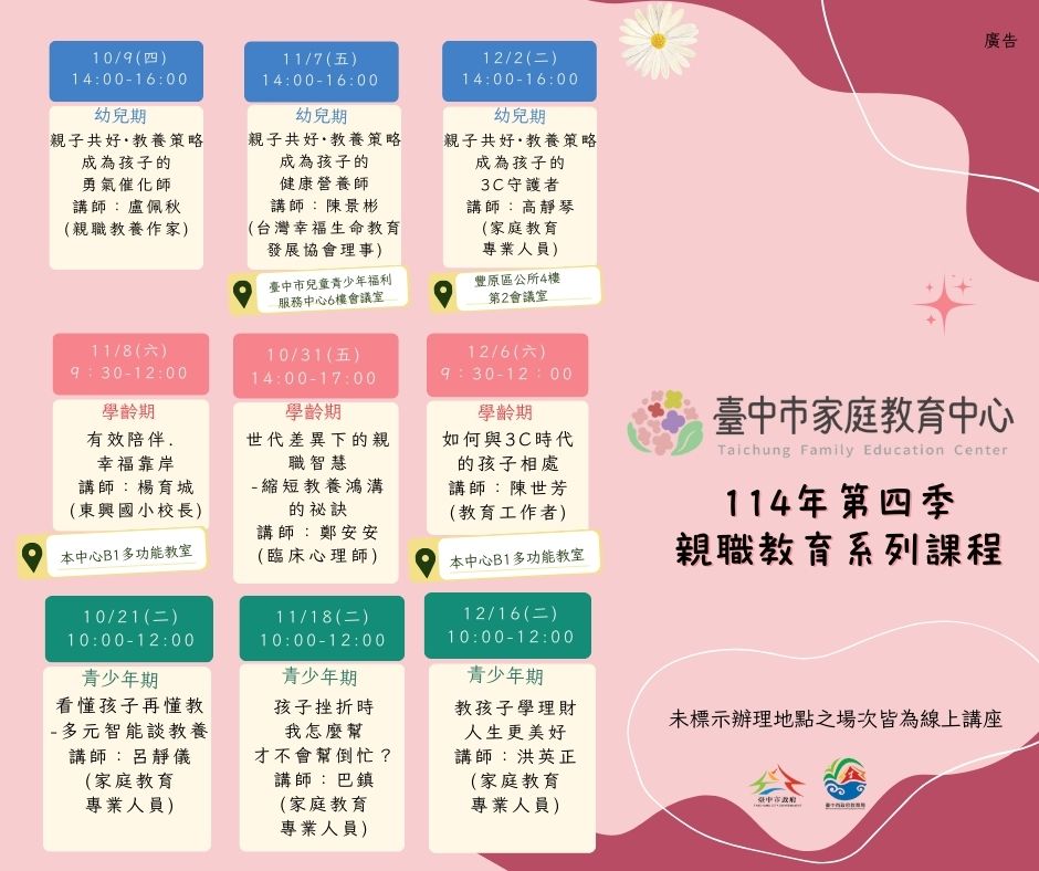 臺中市家庭教育中心第四季親職教育課程